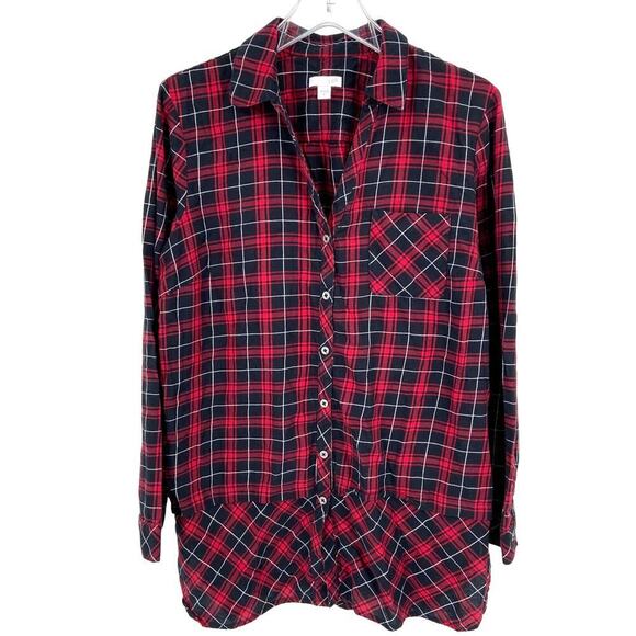J. Jill Tunic Blouse Top Women's Size M Red Black Plaid Black Button Up - Picture 1 of 9